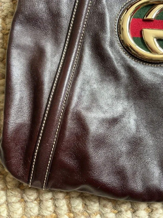 Gucci Brown Leather Medium Britt Shoulder Hobo Bag with Red & Green Web - Picture 4 of 10